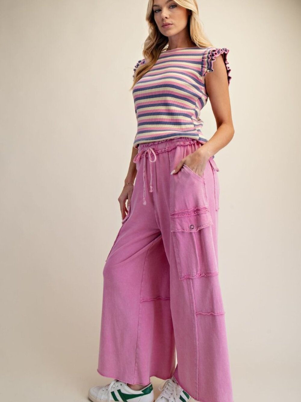 "Durango" French Terry Cargo Wide Leg Pants in Bubblegum Pink